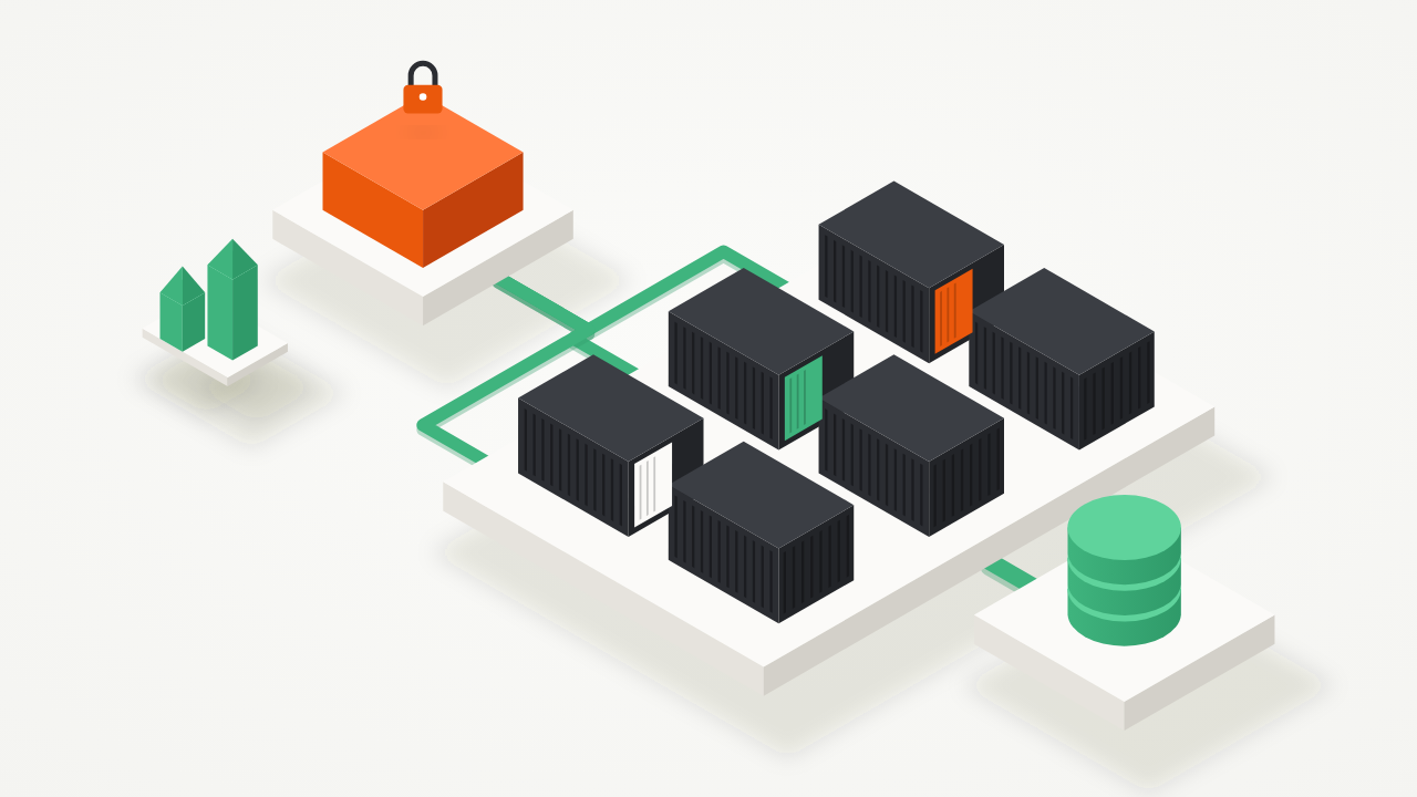 Isometric illustration of a locked orange proxy routing traffic to rows of Docker containers backed by a database