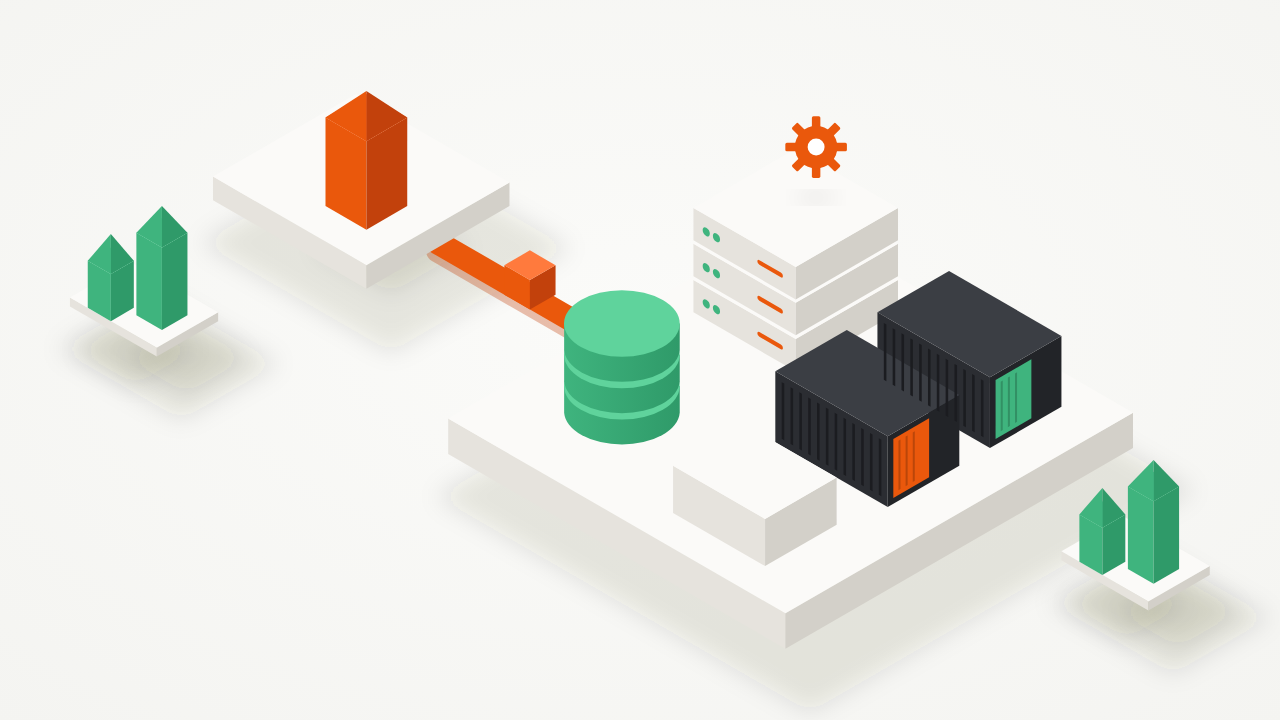 Isometric illustration of an orange Ruby block shipped along a pipe to a self-hosted server running containers and a database