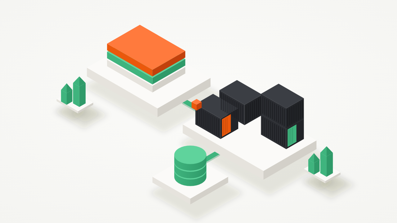 Isometric illustration of stacked image layers being shipped as Docker containers next to a PostgreSQL database