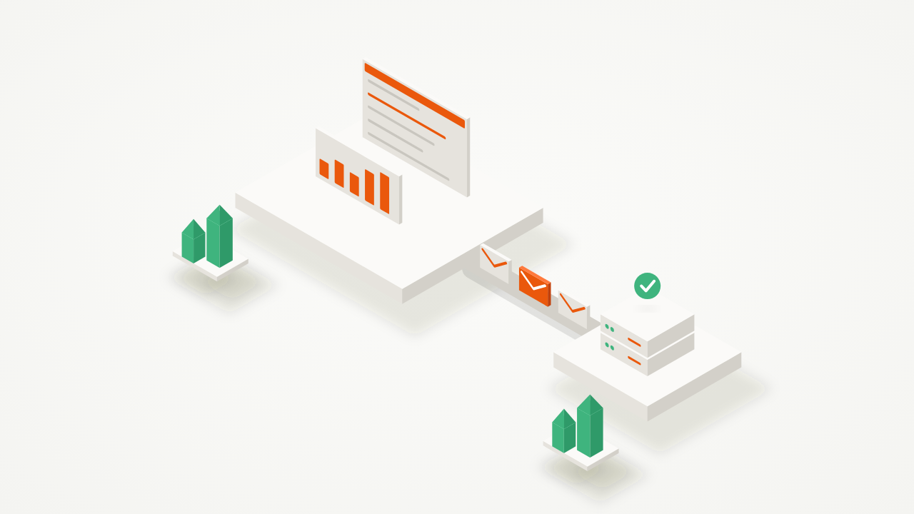 Isometric illustration of an email dashboard sending envelopes along a conveyor to a mail server with a green check mark