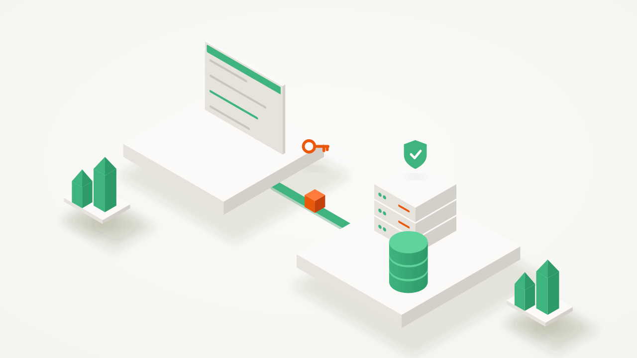 Isometric illustration of a login screen passing a key token to a Rails API server protected by a shield
