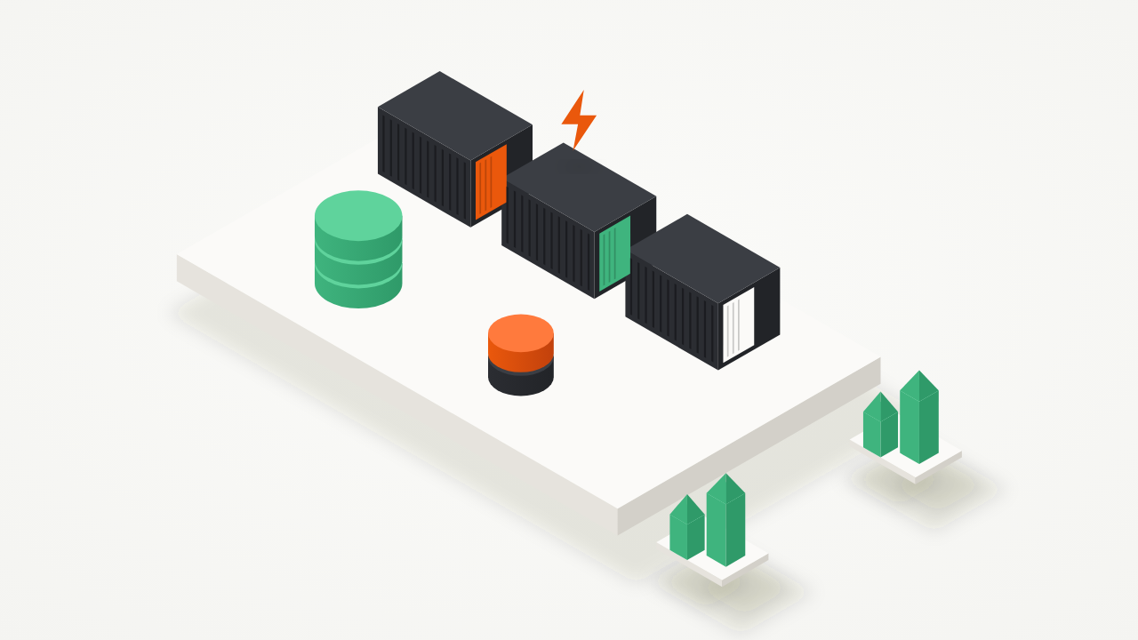 Isometric illustration of one hosting platform running three app containers connected to PostgreSQL and Redis