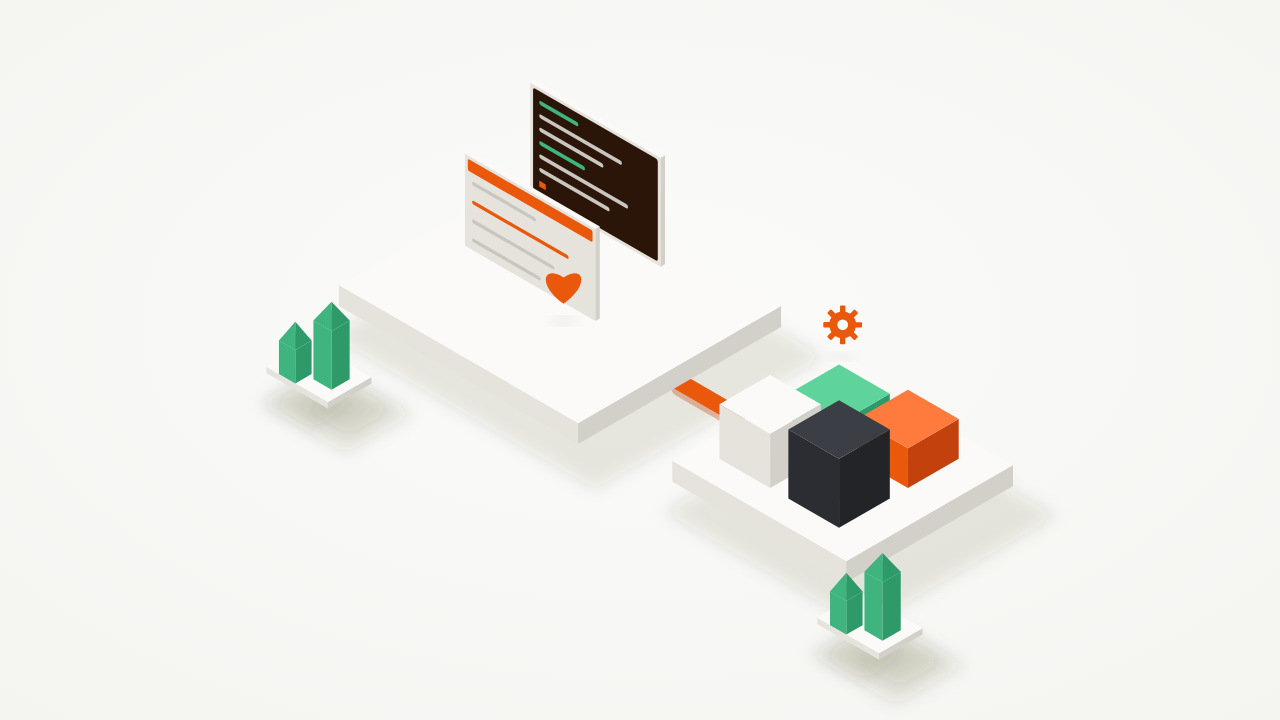 Isometric illustration of a code terminal and an editor panel feeding a platform of building blocks and a gear