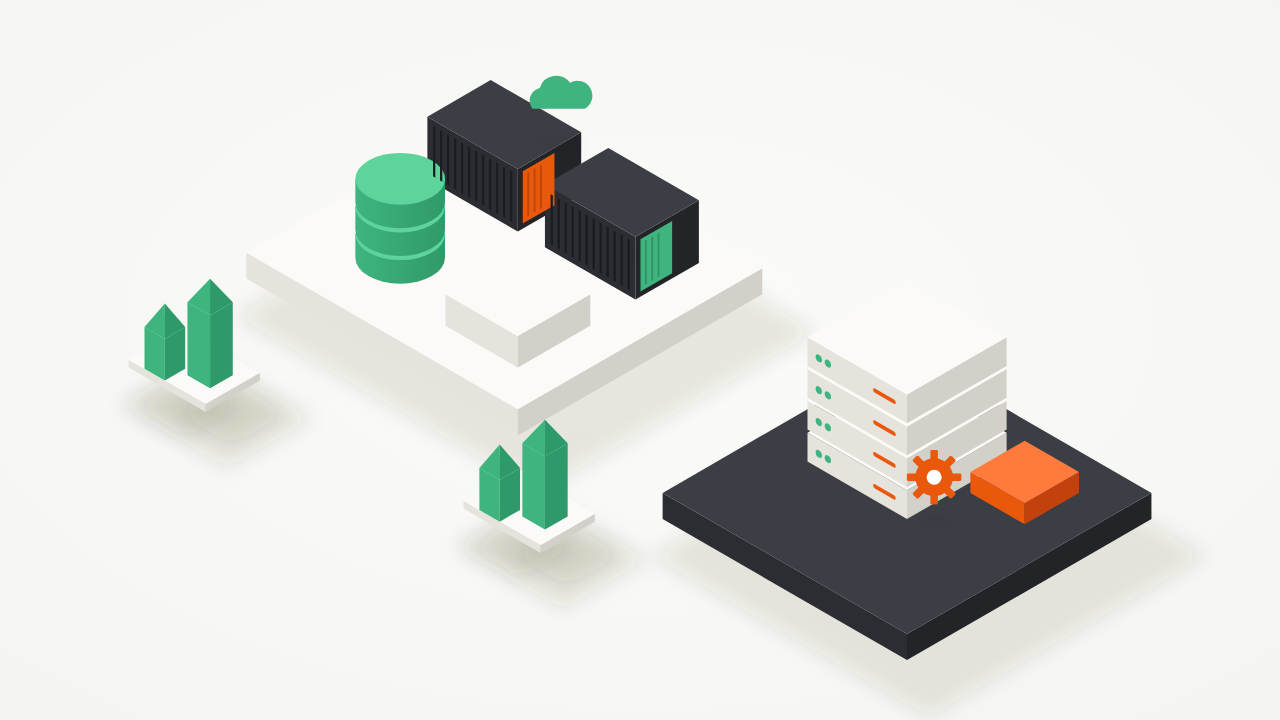Isometric illustration comparing a managed cloud platform with containers and a database to a dark dedicated server with a gear