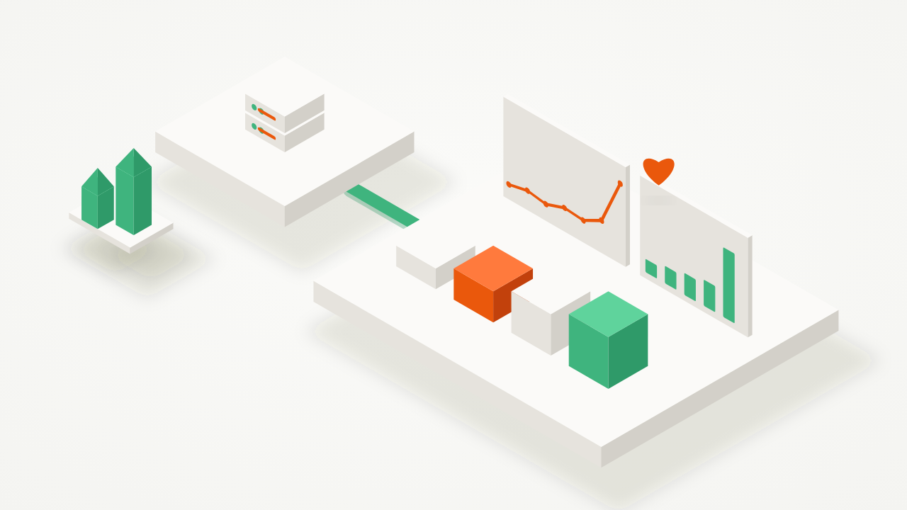 Isometric illustration of a small server next to analytics panels whose traffic chart and bars finally start to rise