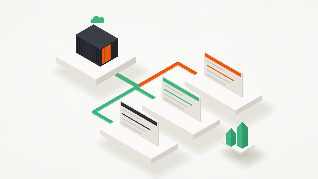 Isometric illustration of one app container routing pipes to three page panels, one per language