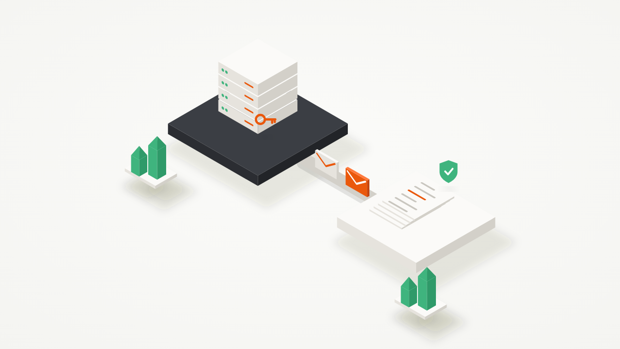 Isometric illustration of a Debian mail server with a signing key sending envelopes to an inbox protected by a shield
