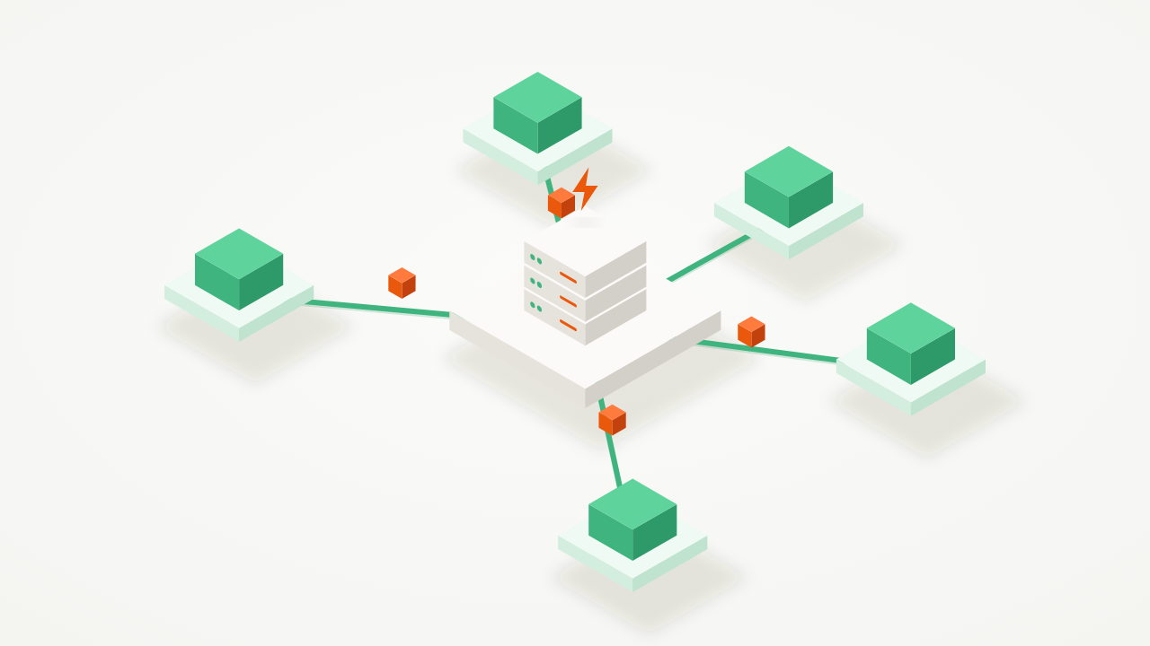 Isometric illustration of a central server distributing asset packages to CDN edge nodes around it