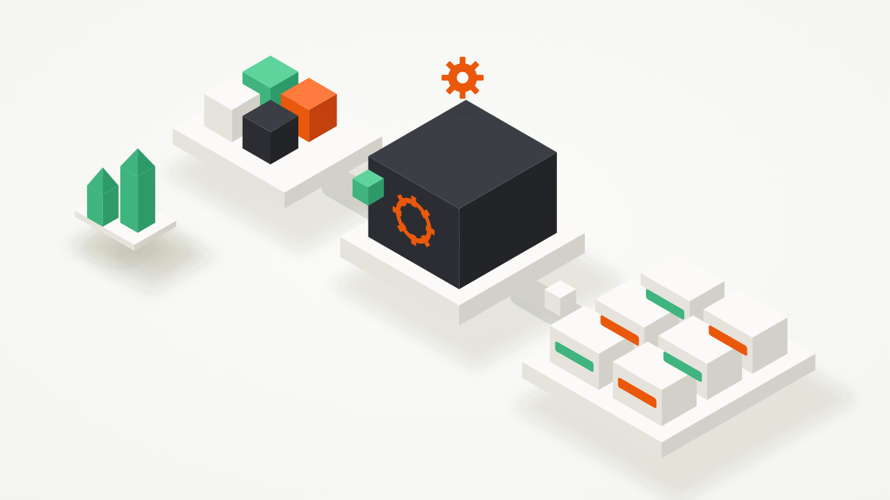 Isometric illustration of source asset blocks passing through a build machine and coming out as labelled, fingerprinted packages