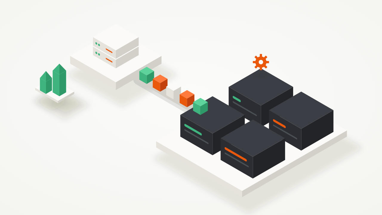 Isometric illustration of a Rails app sending a queue of jobs along a conveyor to four background worker machines