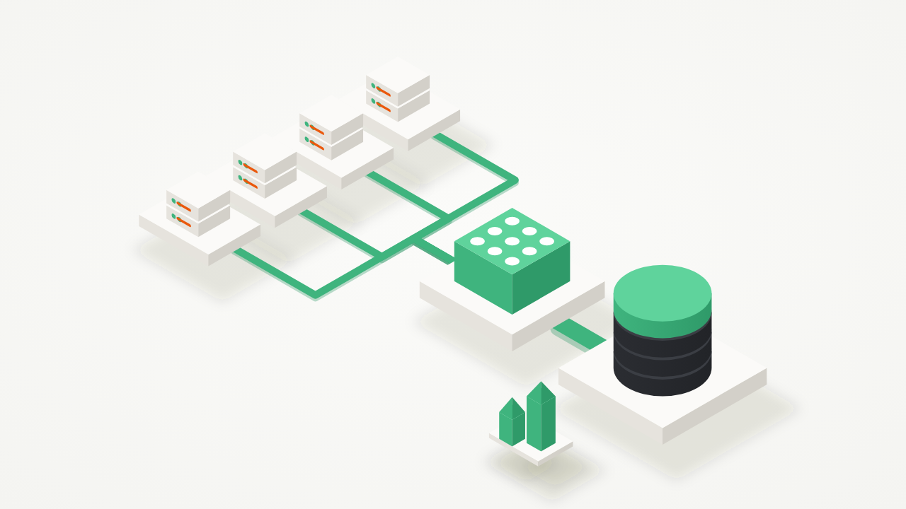 Isometric illustration of four app servers whose connections converge into a pooler before reaching the database