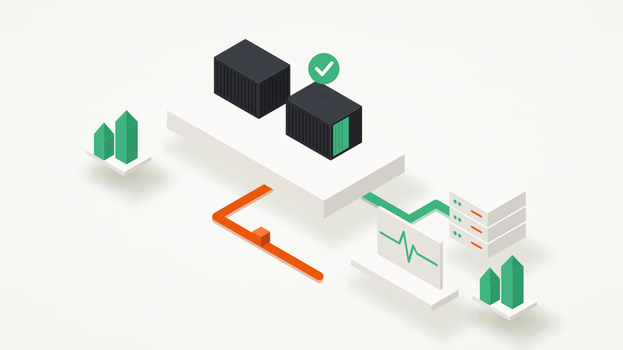 Isometric illustration of containers on a deploy platform, the new one marked healthy, next to a server and a heartbeat monitor
