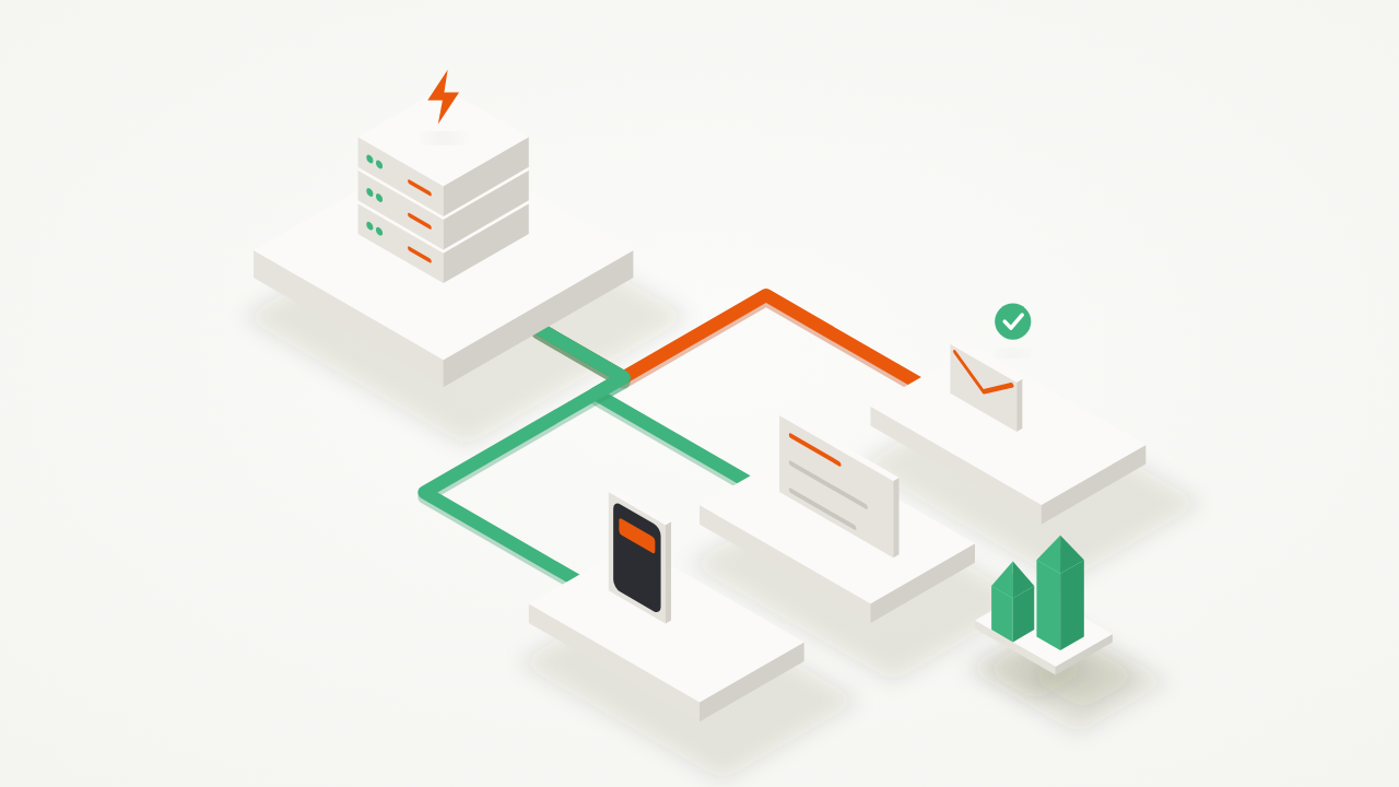Isometric illustration of a Rails server sending notifications along pipes to an email, an in-app panel and a phone
