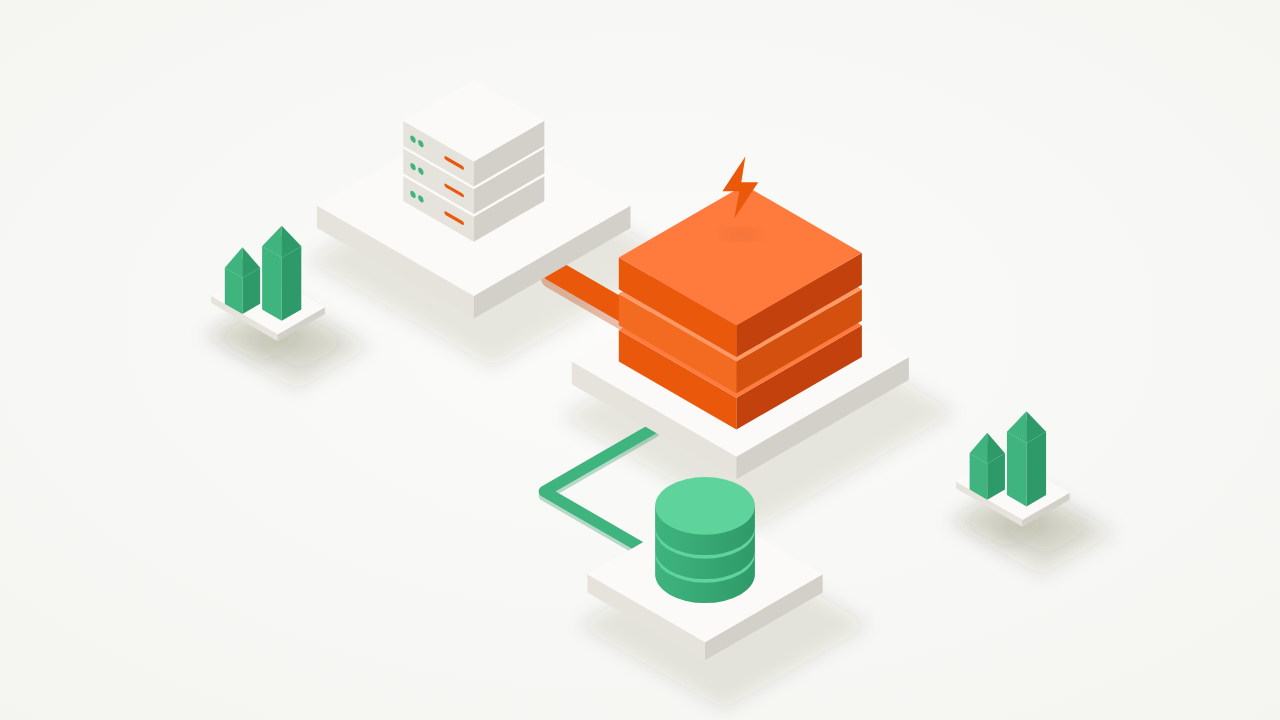 Isometric illustration of an app server reading from an orange in-memory Redis cache stack in front of the database