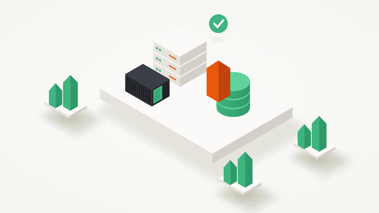 Isometric illustration of a small, complete Rails platform with one server, a container, a database and a green check mark