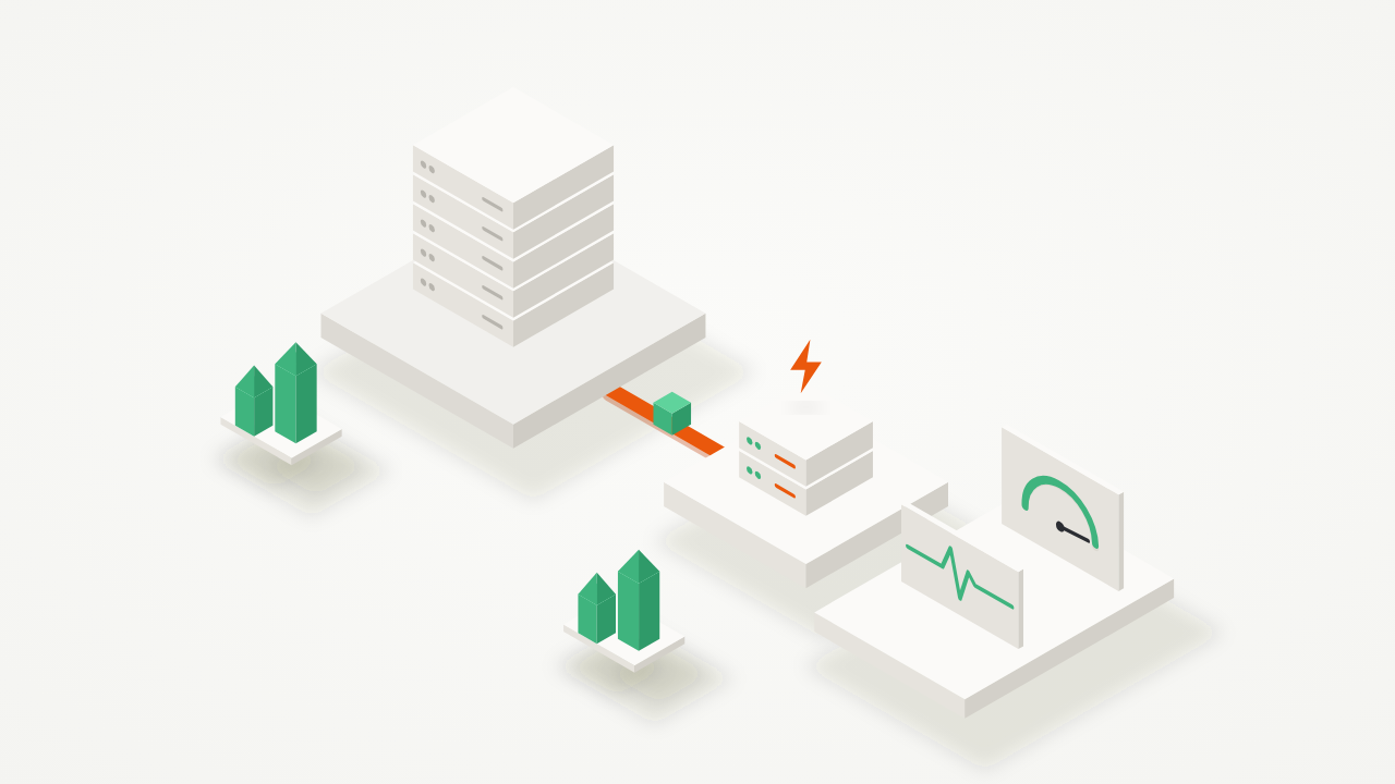 Isometric illustration of a large greyed-out server migrating to a small fast server next to an uptime gauge and heartbeat monitor