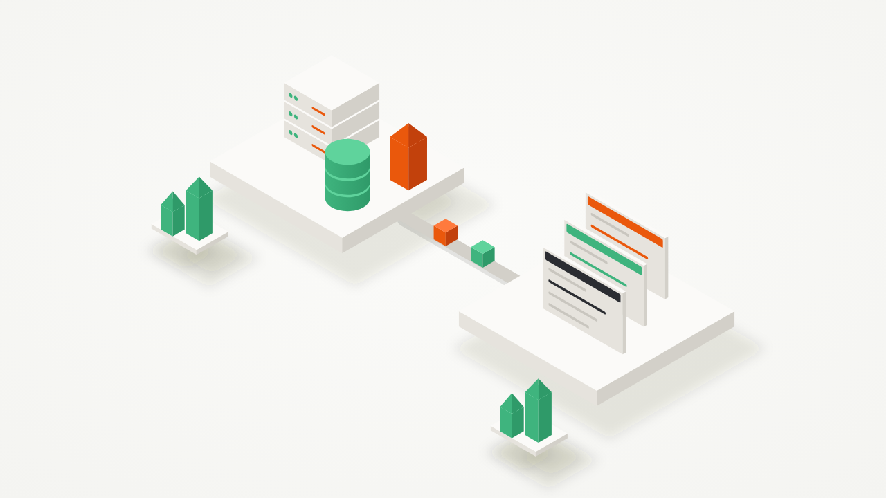 Isometric illustration comparing a Rails platform with a server and database to a Next.js platform with stacked UI screens