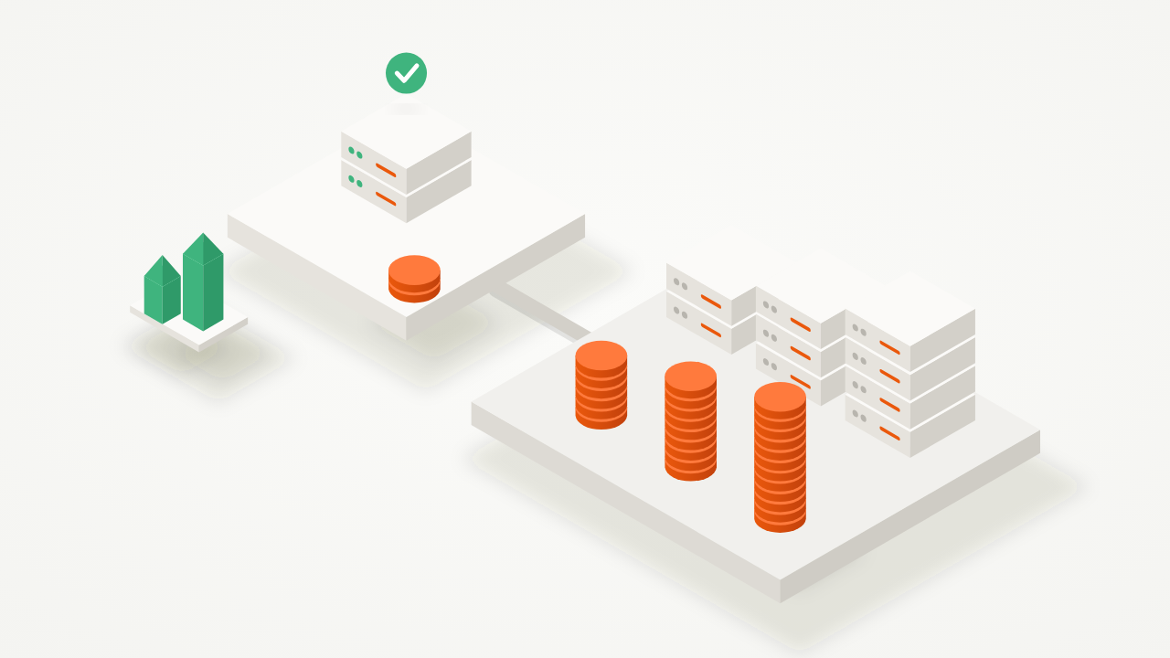 Isometric illustration comparing a small server with one short coin stack to a row of greyed-out servers with tall coin stacks