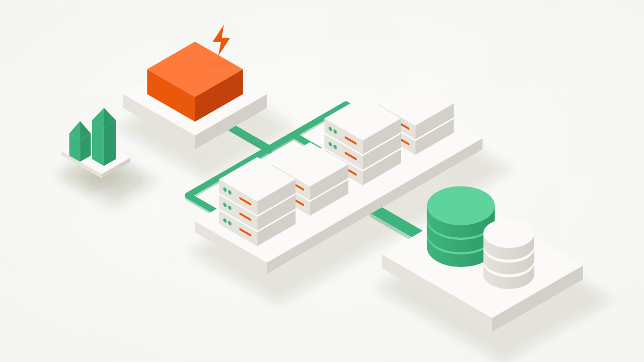 Isometric illustration of a load balancer spreading traffic across a row of identical servers backed by a primary database and a replica