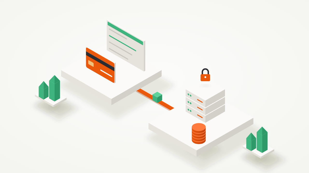 Isometric illustration of a checkout screen and a credit card sending a payment to a locked Rails API server with coins