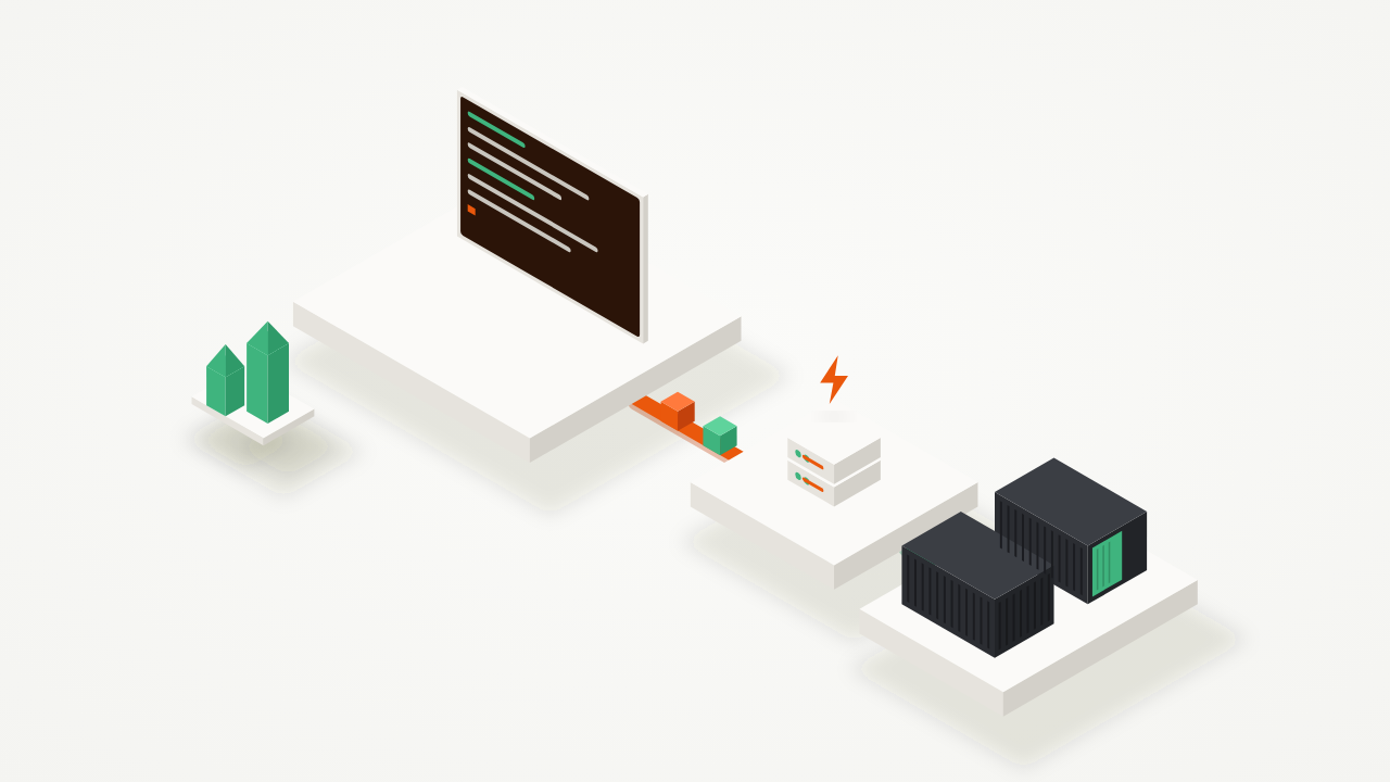 Isometric illustration of an in-browser terminal streaming data packets to a Sinatra server and on to running containers
