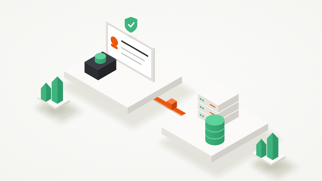 Isometric illustration of an ID card and a camera with a verified shield sending data to a Rails API server and database