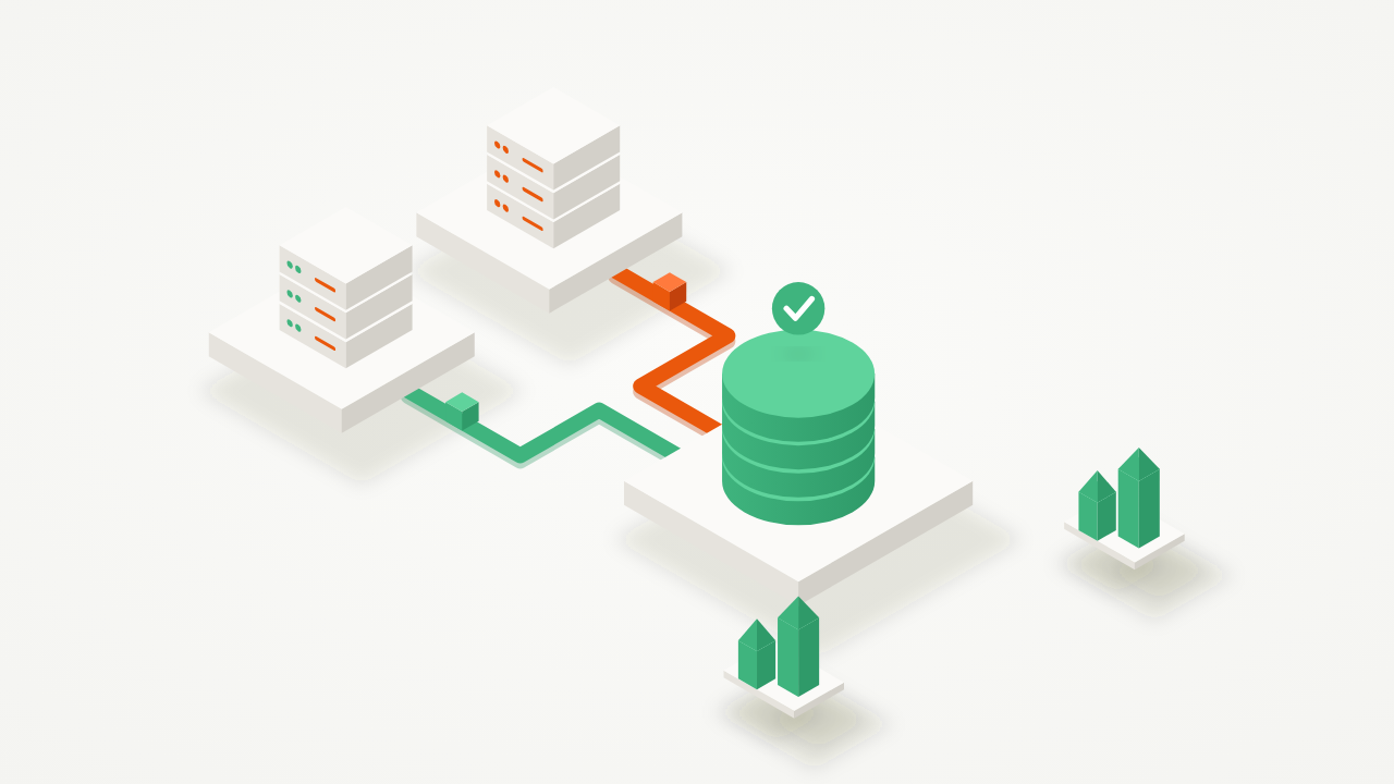 Isometric illustration of an old and a new app server both connected to the same database during a migration